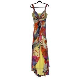 Alberto Makali 100% Silk Multicolor Abstract Print Long Evening Gown Womens 8